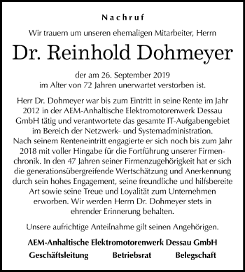 Traueranzeige von Reinhold Dohmeyer von Super Sonntag Dessau-Roßlau