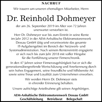 Traueranzeige von Reinhold Dohmeyer von Mitteldeutsche Zeitung Dessau-Roßlau