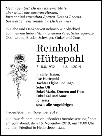 Traueranzeige von Reinhold Hüttepohl von Mitteldeutsche Zeitung Quedlinburg