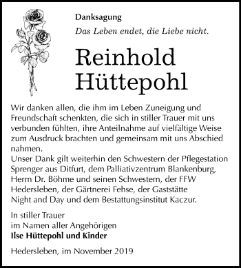 Traueranzeige von Reinhold Hüttepohl von Super Sonntag Quedlinburg