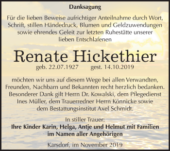 Traueranzeige von Renate Hickethier von Mitteldeutsche Zeitung Naumburg/Nebra