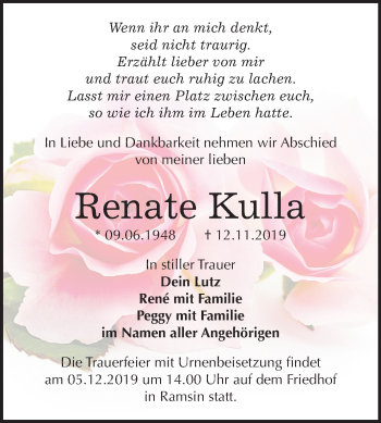 Traueranzeige von Renate Kulla von Wochenspiegel Bitterfeld