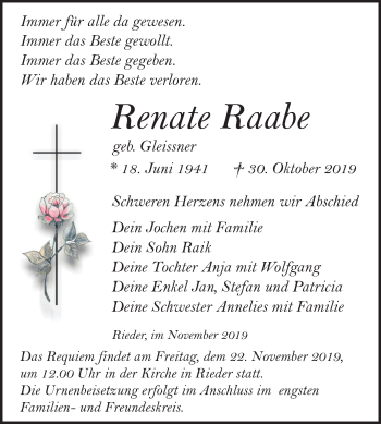 Traueranzeige von Renate Raabe von Super Sonntag Quedlinburg