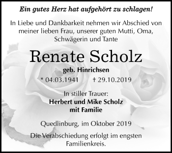 Traueranzeige von Renate Scholz von Super Sonntag Quedlinburg