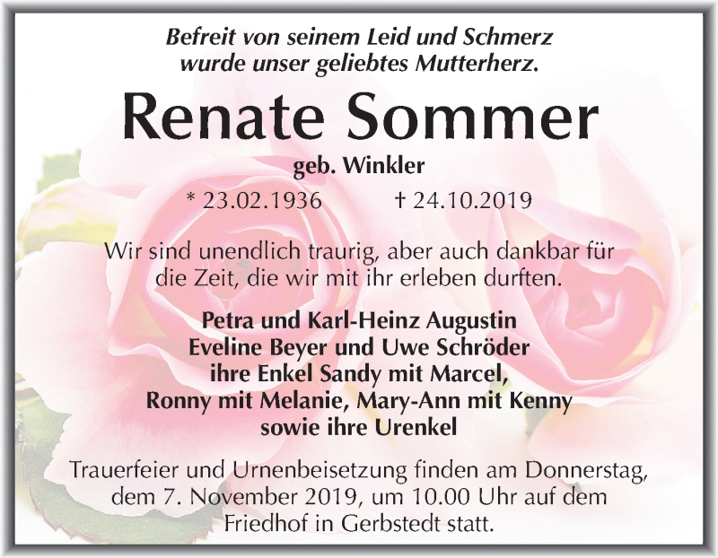  Traueranzeige für Renate Sommer vom 02.11.2019 aus Super Sonntag Mansfelder Land