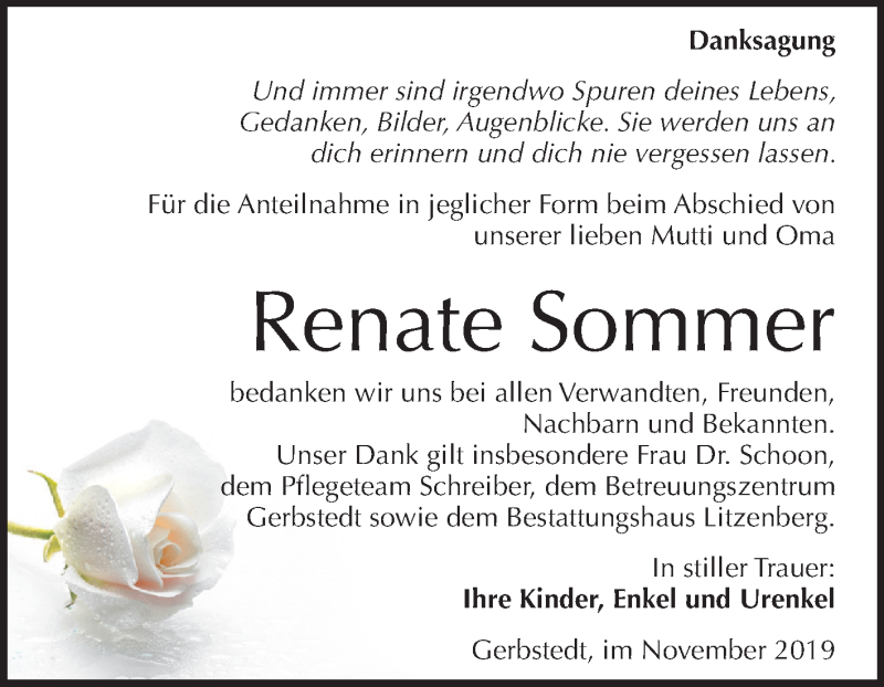  Traueranzeige für Renate Sommer vom 16.11.2019 aus Super Sonntag Mansfelder Land