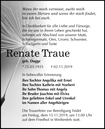 Traueranzeige von Renate Traue von Mitteldeutsche Zeitung Weißenfels