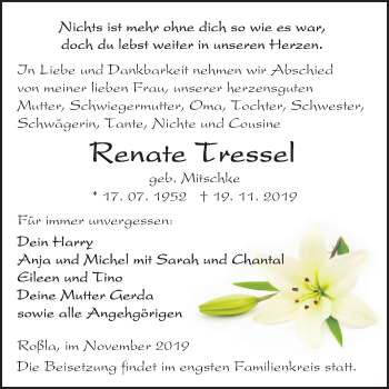 Traueranzeige von Renate Tressel von Super Sonntag Sangerhausen