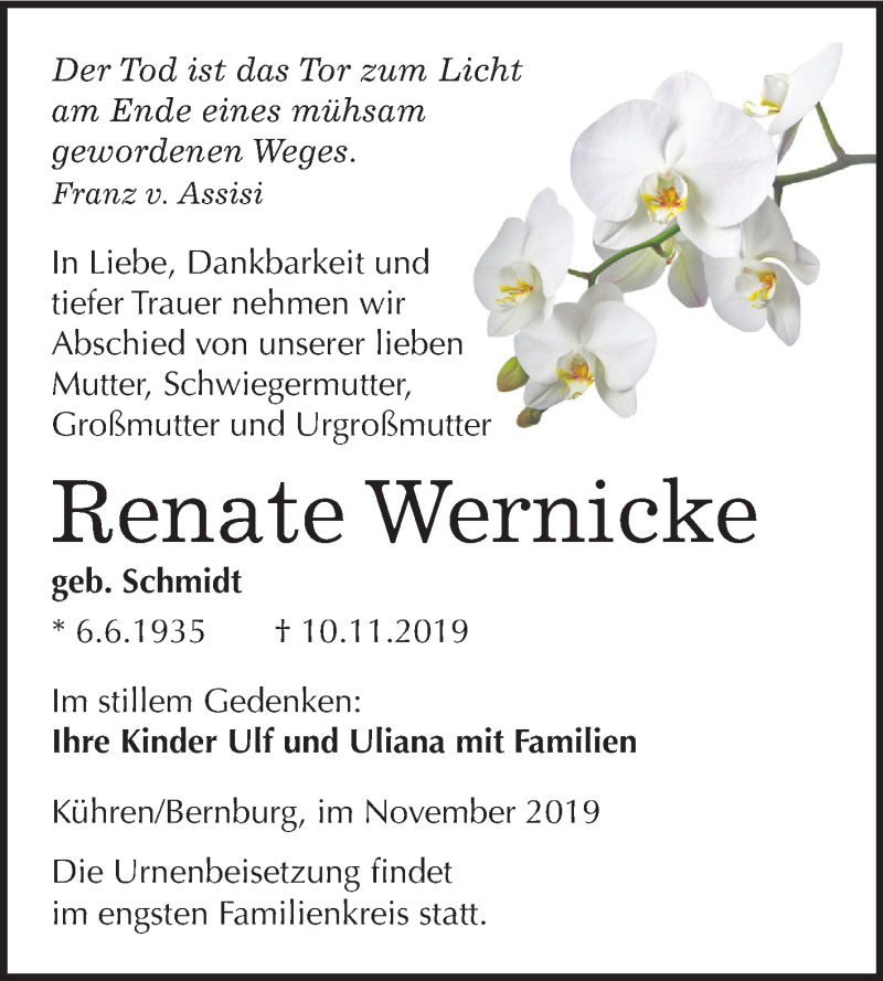  Traueranzeige für Renate Wernicke vom 16.11.2019 aus Mitteldeutsche Zeitung Bernburg / Köthen