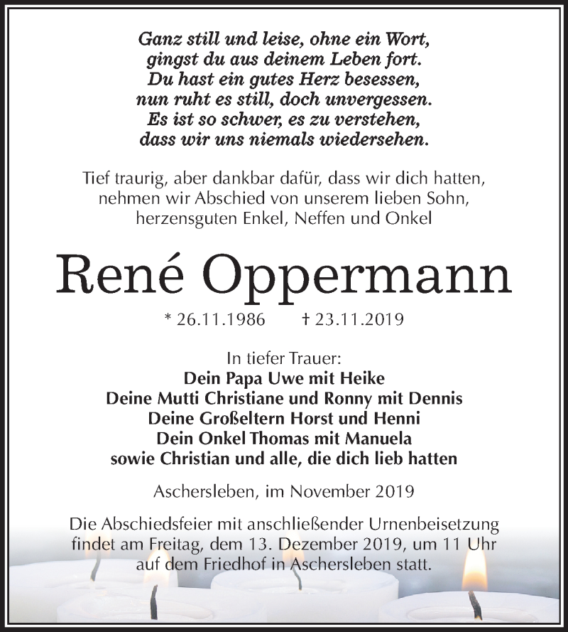  Traueranzeige für René Oppermann vom 30.11.2019 aus Mitteldeutsche Zeitung Aschersleben