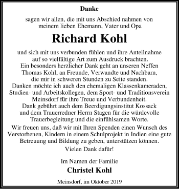 Traueranzeige von Richard Kohl von Mitteldeutsche Zeitung Dessau-Roßlau