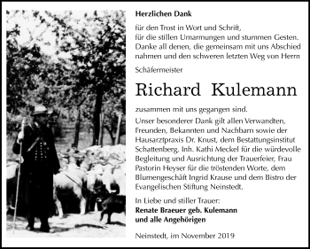 Traueranzeige von Richard Kulemann von Mitteldeutsche Zeitung Quedlinburg