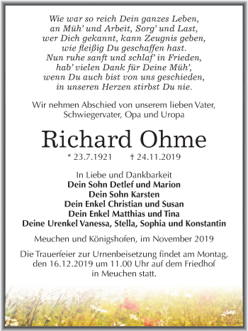 Traueranzeige von Richard Ohme von Mitteldeutsche Zeitung Weißenfels