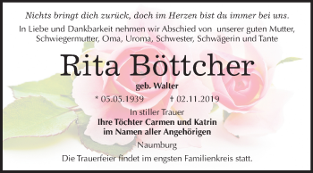 Traueranzeige von Rita Böttcher von Mitteldeutsche Zeitung Naumburg/Nebra