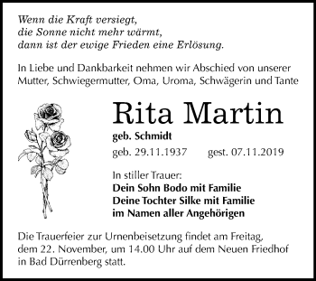 Traueranzeige von Rita Martin von Mitteldeutsche Zeitung Merseburg/Querfurt
