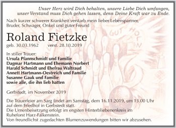 Traueranzeige von Roland Fietzke von Super Sonntag Mansfelder Land