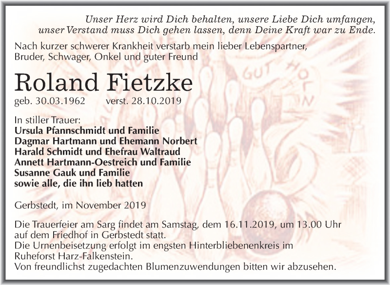  Traueranzeige für Roland Fietzke vom 09.11.2019 aus Super Sonntag Mansfelder Land