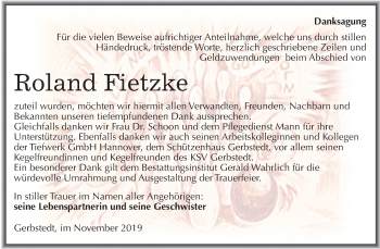 Traueranzeige von Roland Fietzke von Super Sonntag Mansfelder Land
