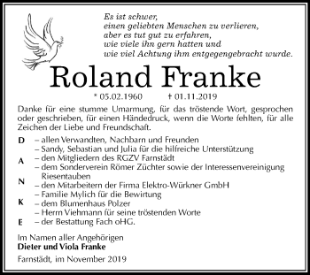 Traueranzeige von Roland Franke von Mitteldeutsche Zeitung Merseburg/Querfurt