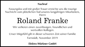 Traueranzeige von Roland Franke von Mitteldeutsche Zeitung Merseburg/Querfurt