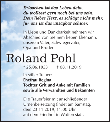 Traueranzeige von Roland Pohl von Wochenspiegel Bitterfeld