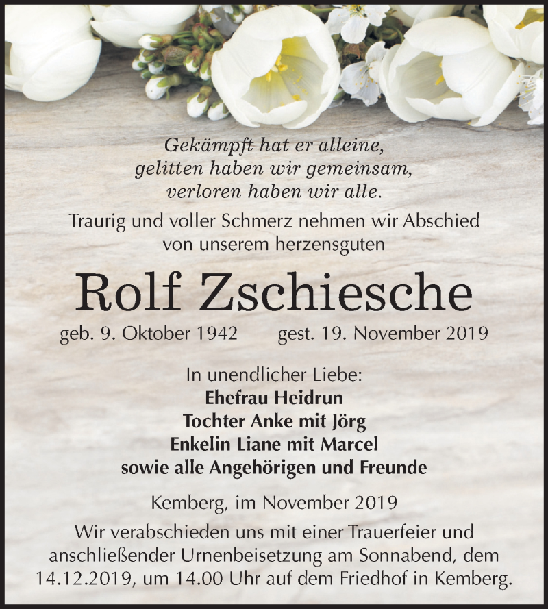  Traueranzeige für Rolf Zschiesche vom 30.11.2019 aus Super Sonntag Wittenberg