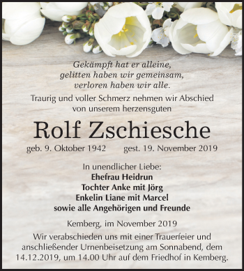 Traueranzeige von Rolf Zschiesche von Mitteldeutsche Zeitung Wittenberg