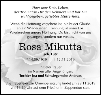 Traueranzeige von Rosa Mikutta von Mitteldeutsche Zeitung Halle/Saalkreis