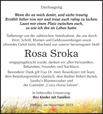 Traueranzeige von Rosa Sroka von Super Sonntag Köthen