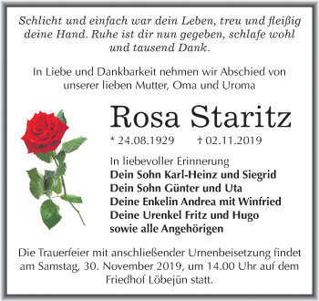 Traueranzeige von Rosa Staritz von Mitteldeutsche Zeitung Halle/Saalkreis