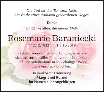 Traueranzeige von Rosemarie Baraniecki von Wochenspiegel Naumburg/Nebra