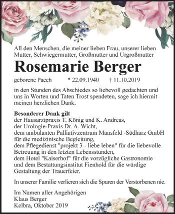 Traueranzeige von Rosemarie Berger von Super Sonntag Sangerhausen