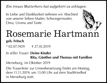 Traueranzeige von Rosemarie Hartmann von Super Sonntag Merseburg/Querfurt