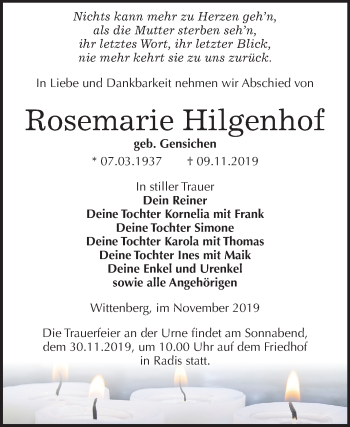 Traueranzeige von Rosemarie Hilgenhof von Mitteldeutsche Zeitung Wittenberg