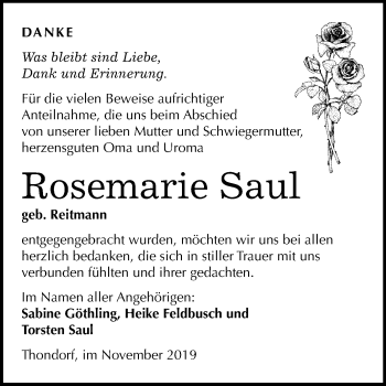 Traueranzeige von Rosemarie Saul von Wochenspiegel Mansfelder Land