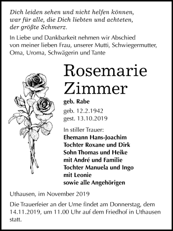Traueranzeige von Rosemarie Zimmer von Super Sonntag Wittenberg