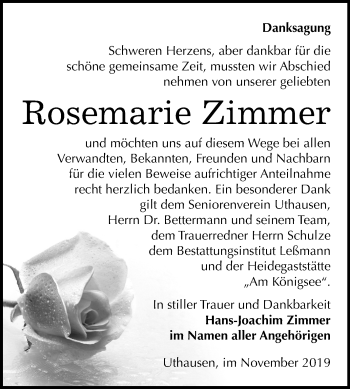 Traueranzeige von Rosemarie Zimmer von Super Sonntag Wittenberg