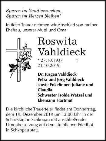 Traueranzeige von Roswita Vahldieck von Super Sonntag Merseburg/Querfurt