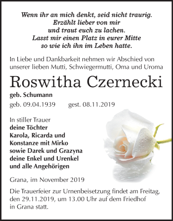 Traueranzeige von Roswitha Czernecki von Mitteldeutsche Zeitung Zeitz