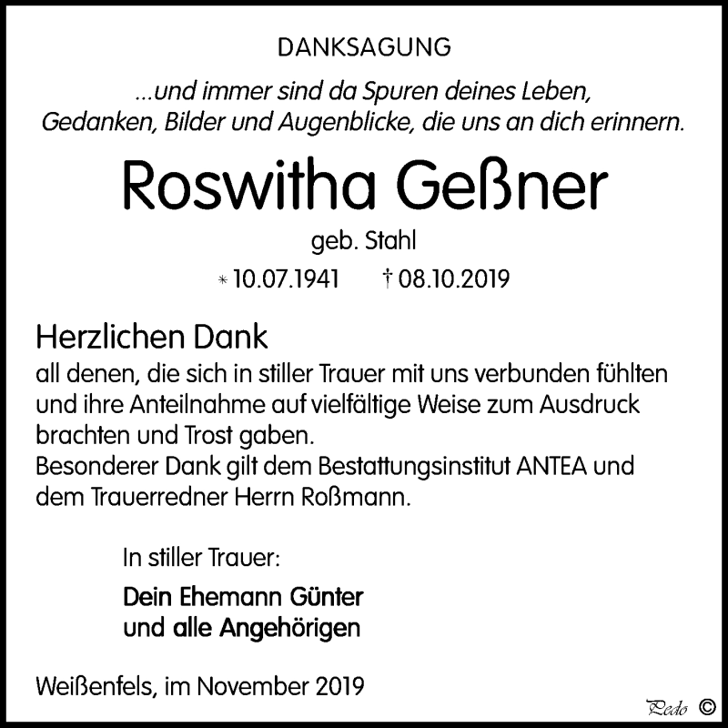  Traueranzeige für Roswitha Geßner vom 09.11.2019 aus Mitteldeutsche Zeitung Weißenfels