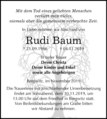Traueranzeige von Rudi Baum von Mitteldeutsche Zeitung Wittenberg