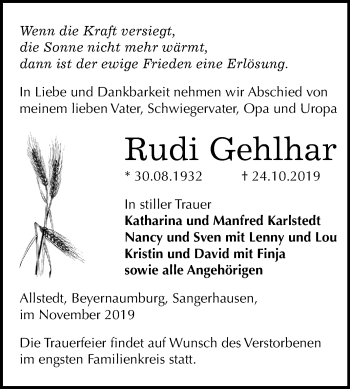 Traueranzeige von Rudi Gehlhar von Super Sonntag Sangerhausen