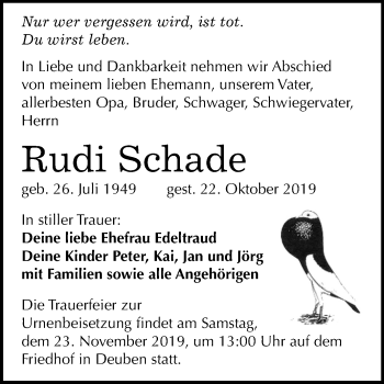 Traueranzeige von Rudi Schade von Mitteldeutsche Zeitung Weißenfels