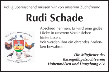 Traueranzeige von Rudi Schade von Mitteldeutsche Zeitung Weißenfels