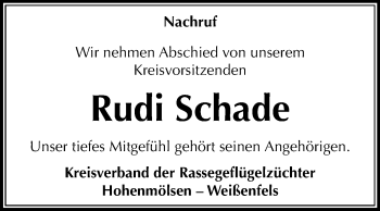 Traueranzeige von Rudi Schade von Mitteldeutsche Zeitung Weißenfels