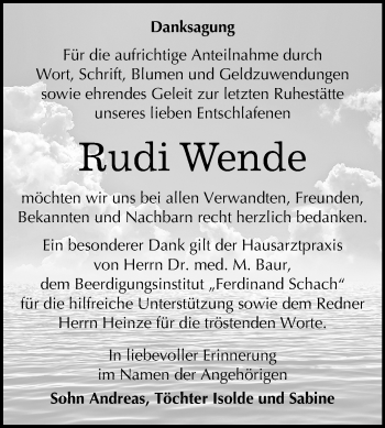 Traueranzeige von Rudi Wende von Mitteldeutsche Zeitung Wittenberg