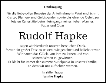 Traueranzeige von Rudolf Hapke von Mitteldeutsche Zeitung Wittenberg