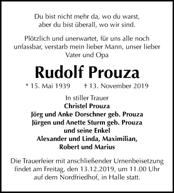 Traueranzeige von Rudolf Prouza von Mitteldeutsche Zeitung Halle/Saalkreis