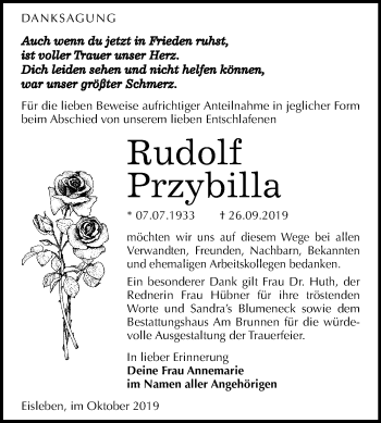 Traueranzeige von Rudolf Przybilla von Wochenspiegel Mansfelder Land