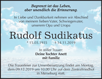 Traueranzeige von Rudolf Sudikatus von Super Sonntag Merseburg/Querfurt